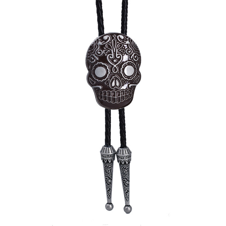 Skull Facial Makeup Genuine Leather Polo Bow Tie Necklace