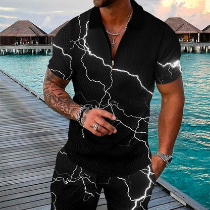 Men's Summer Fashion 3D Printed Short Sleeve Geometric Zip Lapel Shirt Set