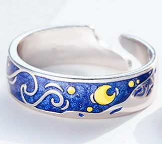 Fashionable And Elegant Sea Blue Starry Sky Couple Ring