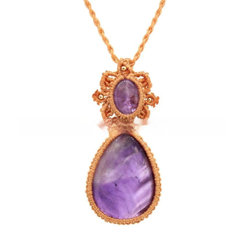 Amethyst Drop-shaped Hand-woven Adjustable Pendant Necklace