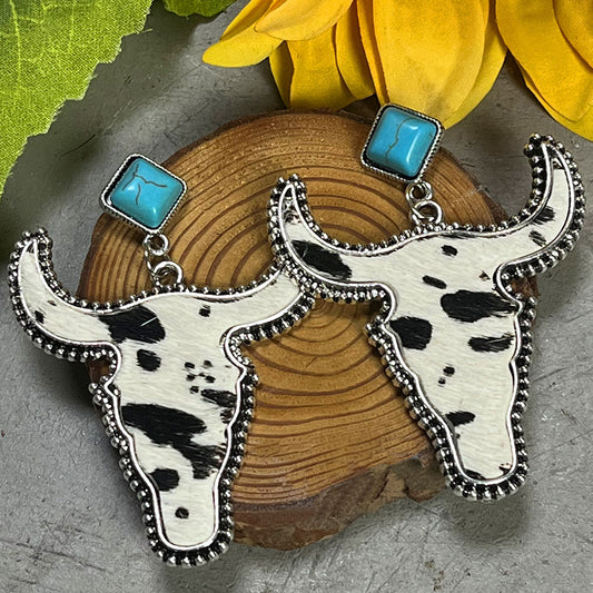 Vintage Ethnic Style Bohemian Genuine Leather Horsehair Cow Head Turquoise Earrings