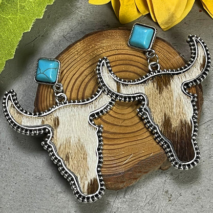 Vintage Ethnic Style Bohemian Genuine Leather Horsehair Cow Head Turquoise Earrings