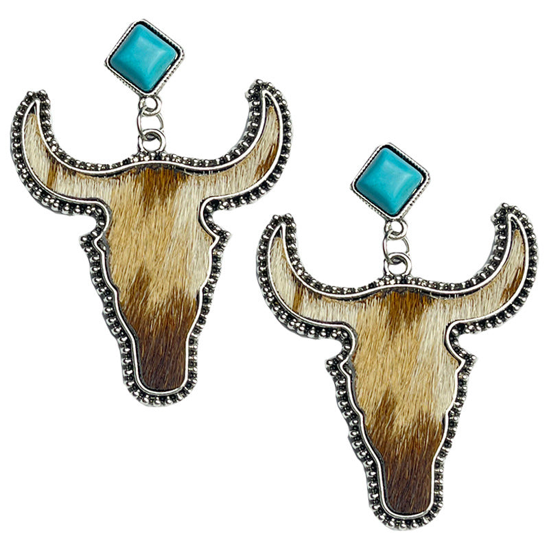 Vintage Ethnic Style Bohemian Genuine Leather Horsehair Cow Head Turquoise Earrings